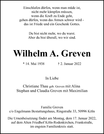 Anzeige von Wilhelm A. Greven von Kölner Stadt-Anzeiger / Kölnische Rundschau / Express