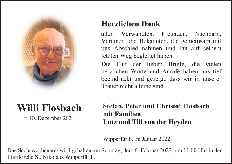  Traueranzeige für Willi Flosbach vom 22.01.2022 aus Kölner Stadt-Anzeiger / Kölnische Rundschau / Express