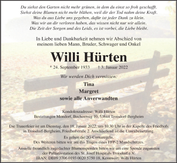 Anzeige von Willi Hürten von Kölner Stadt-Anzeiger / Kölnische Rundschau / Express