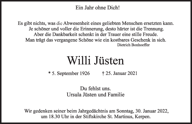  Traueranzeige für Willi Jüsten vom 28.01.2022 aus  Werbepost 