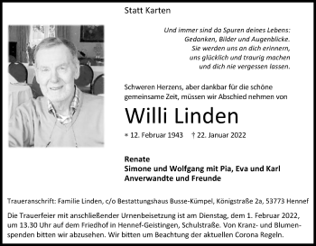 Anzeige von Willi Linden von Kölner Stadt-Anzeiger / Kölnische Rundschau / Express