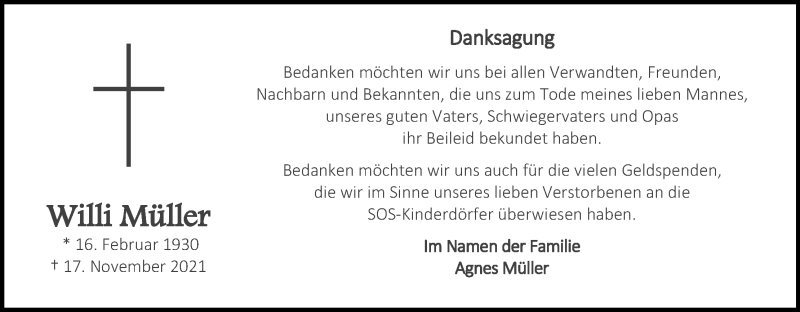  Traueranzeige für Willi Müller vom 05.01.2022 aus Kölner Stadt-Anzeiger / Kölnische Rundschau / Express