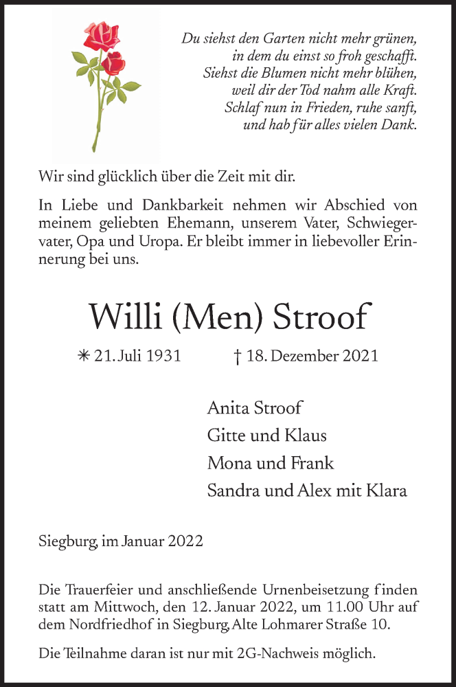  Traueranzeige für Willi Stroof vom 08.01.2022 aus Kölner Stadt-Anzeiger / Kölnische Rundschau / Express