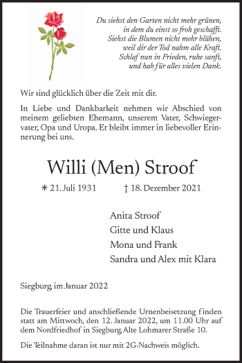 Anzeige von Willi Stroof von Kölner Stadt-Anzeiger / Kölnische Rundschau / Express
