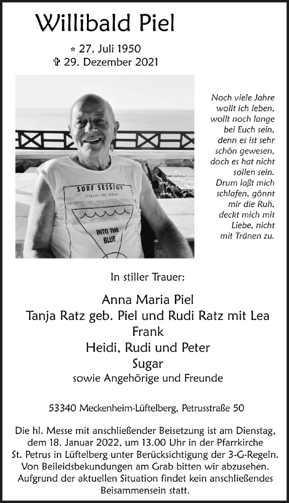  Traueranzeige für Willibald Piel vom 07.01.2022 aus  Schaufenster/Blickpunkt 