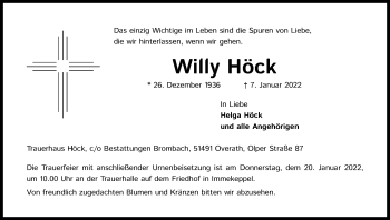 Anzeige von Willy Höck von Kölner Stadt-Anzeiger / Kölnische Rundschau / Express
