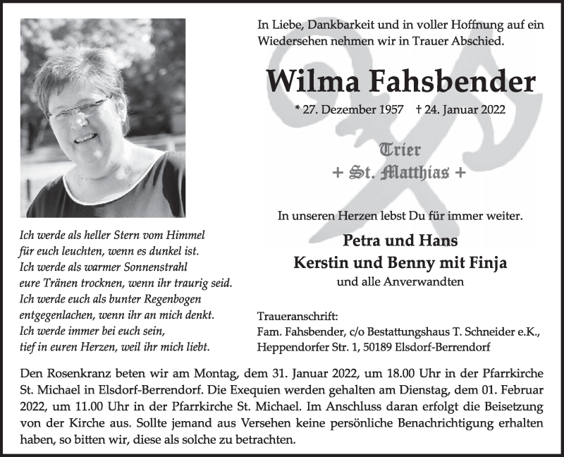  Traueranzeige für Wilma Fahsbender vom 28.01.2022 aus  Werbepost 