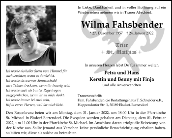 Anzeige von Wilma Fahsbender von Kölner Stadt-Anzeiger / Kölnische Rundschau / Express
