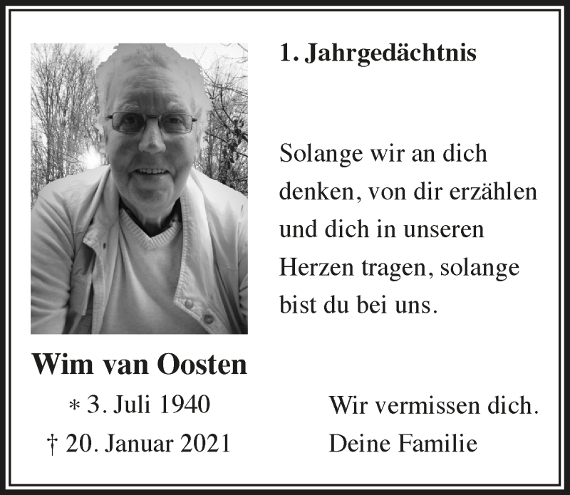  Traueranzeige für Wim van Oosten vom 21.01.2022 aus  Bergisches Handelsblatt 