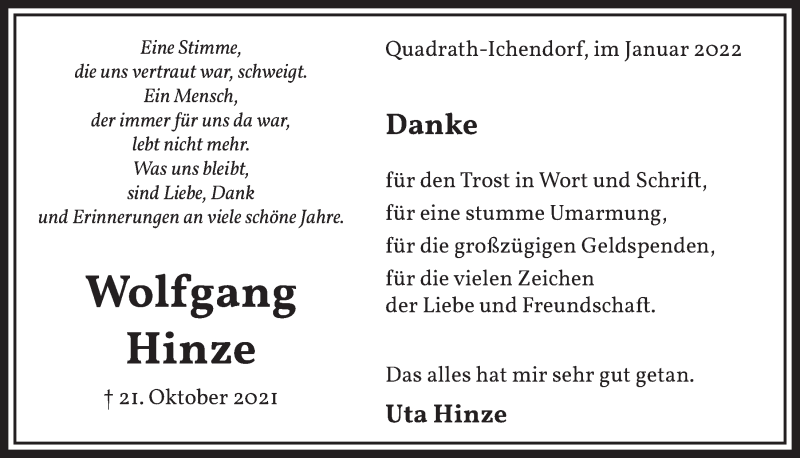  Traueranzeige für Wolfgang Hinze vom 07.01.2022 aus  Werbepost 