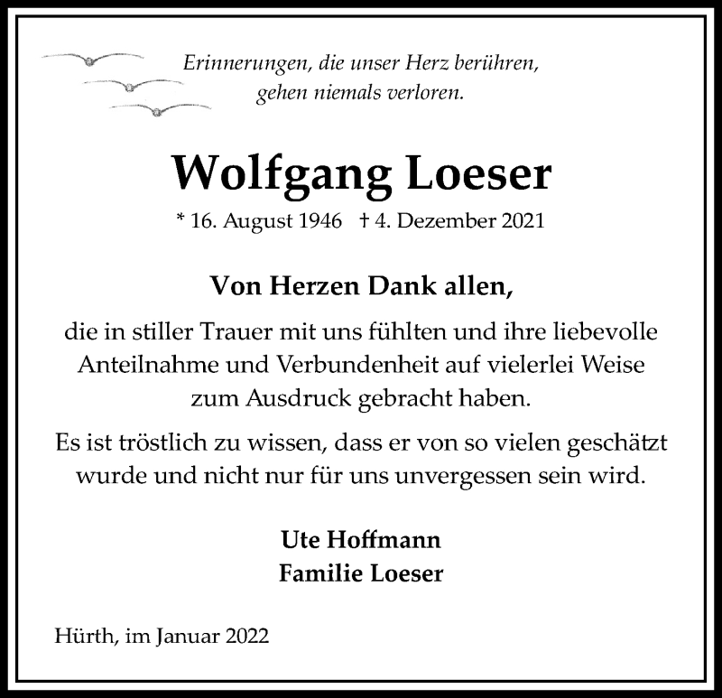 Traueranzeige für Wolfgang Loeser vom 08.01.2022 aus Kölner Stadt-Anzeiger / Kölnische Rundschau / Express