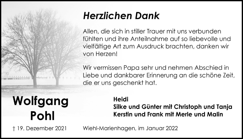  Traueranzeige für Wolfgang Pohl vom 28.01.2022 aus  Anzeigen Echo 
