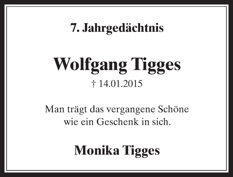  Traueranzeige für Wolfgang Tigges vom 14.01.2022 aus  Werbepost 