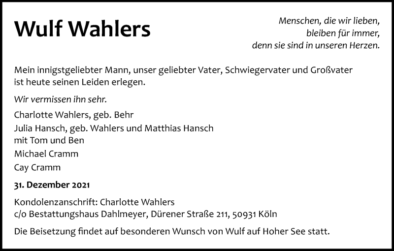  Traueranzeige für Wulf Wahlers vom 08.01.2022 aus Kölner Stadt-Anzeiger / Kölnische Rundschau / Express