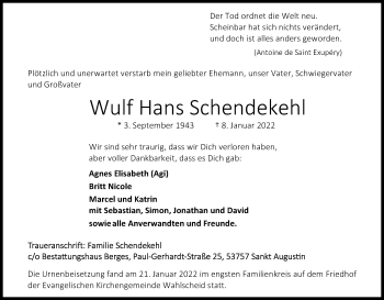 Anzeige von Wulf Hans Schendekehl von Kölner Stadt-Anzeiger / Kölnische Rundschau / Express
