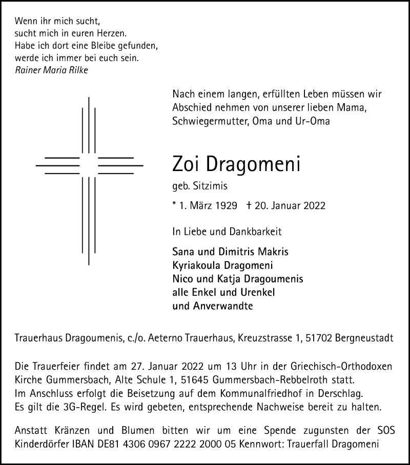  Traueranzeige für Zoi Dragomeni vom 25.01.2022 aus Kölner Stadt-Anzeiger / Kölnische Rundschau / Express