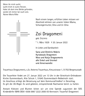 Anzeige von Zoi Dragomeni von Kölner Stadt-Anzeiger / Kölnische Rundschau / Express