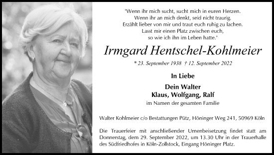 Anzeige von Irmgard Hentschel-Kohlmeier von Kölner Stadt-Anzeiger / Kölnische Rundschau / Express