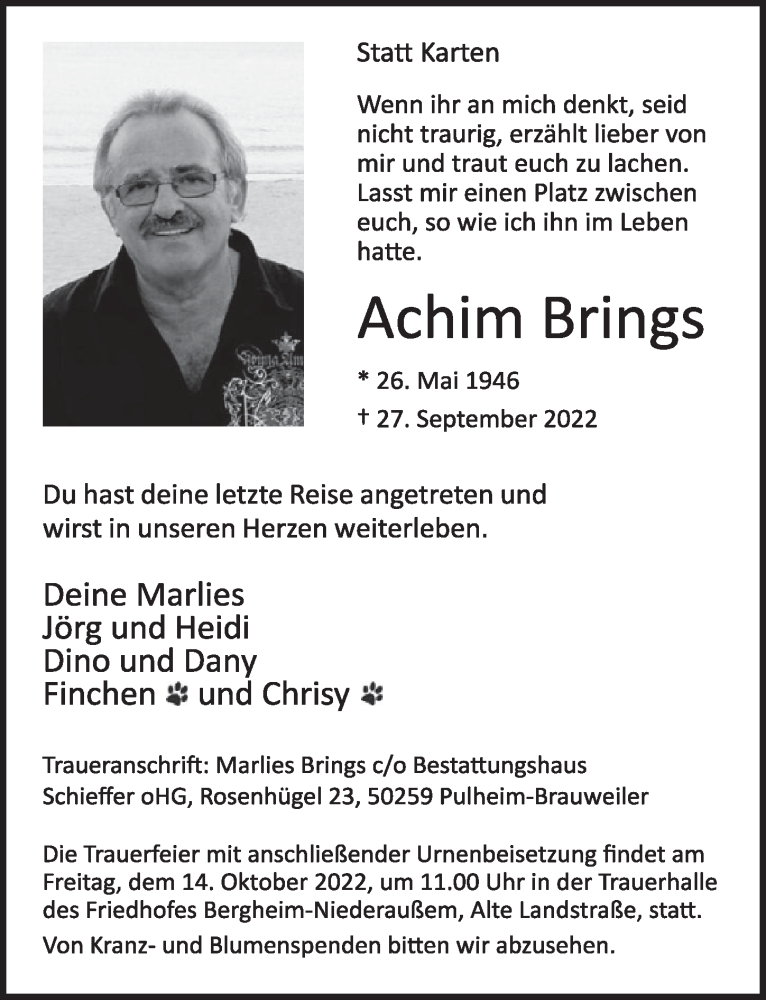  Traueranzeige für Achim Brings vom 07.10.2022 aus  Werbepost 