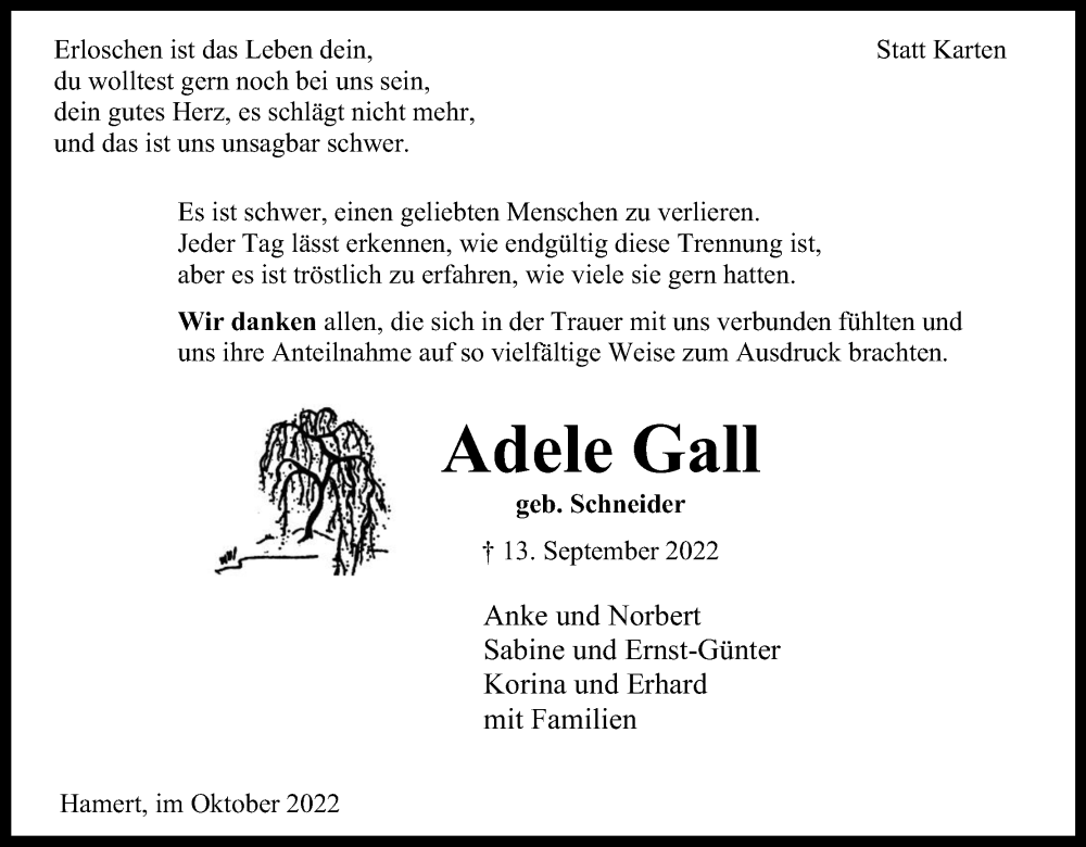  Traueranzeige für Adele Gall vom 19.10.2022 aus Kölner Stadt-Anzeiger / Kölnische Rundschau / Express