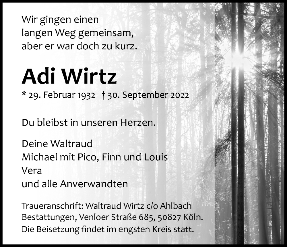  Traueranzeige für Adi Wirtz vom 08.10.2022 aus Kölner Stadt-Anzeiger / Kölnische Rundschau / Express
