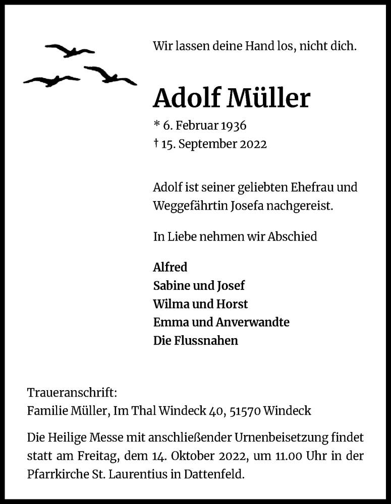  Traueranzeige für Adolf Müller vom 07.10.2022 aus Kölner Stadt-Anzeiger / Kölnische Rundschau / Express