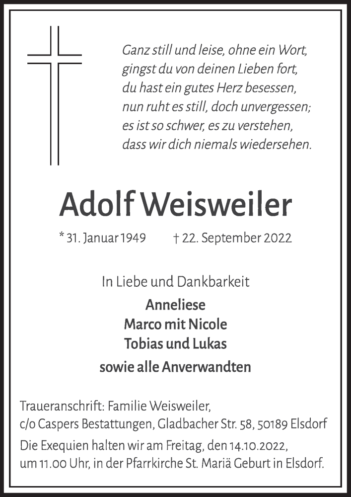  Traueranzeige für Adolf Weisweiler vom 07.10.2022 aus  Werbepost 