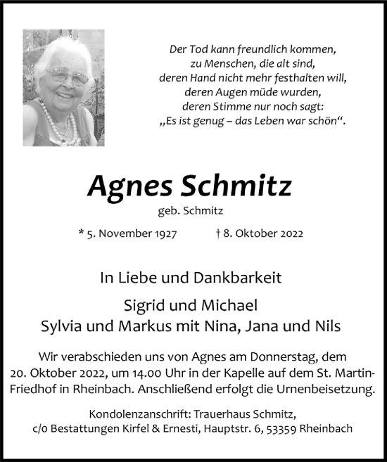 Anzeige von Agnes Schmitz von  Schaufenster/Blickpunkt 