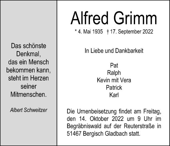 Anzeige von Alfred Grimm von Kölner Stadt-Anzeiger / Kölnische Rundschau / Express