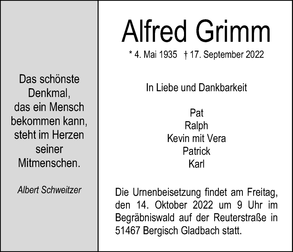 Traueranzeige für Alfred Grimm vom 12.10.2022 aus Kölner Stadt-Anzeiger / Kölnische Rundschau / Express