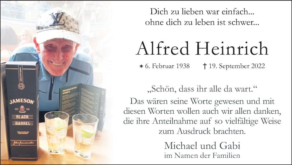  Traueranzeige für Alfred Heinrich vom 22.10.2022 aus Kölner Stadt-Anzeiger / Kölnische Rundschau / Express