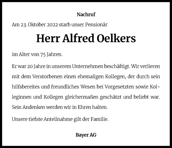 Anzeige von Alfred Oelkers von Kölner Stadt-Anzeiger / Kölnische Rundschau / Express