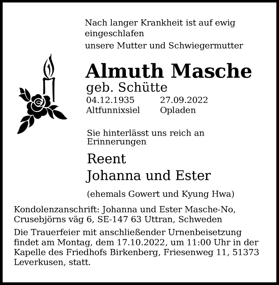  Traueranzeige für Almuth Masche vom 01.10.2022 aus Kölner Stadt-Anzeiger / Kölnische Rundschau / Express