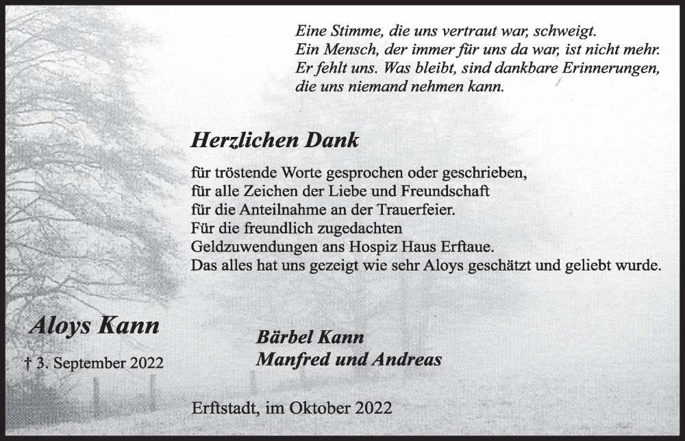  Traueranzeige für Aloys Kann vom 21.10.2022 aus  Werbepost 