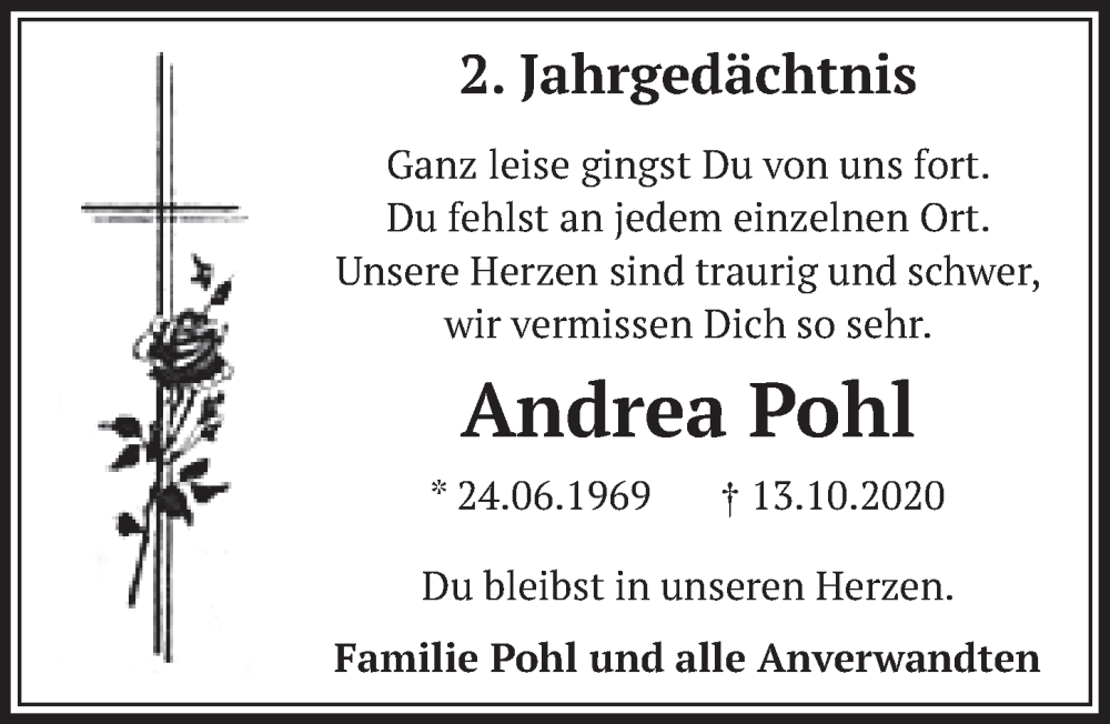  Traueranzeige für Andrea Pohl vom 14.10.2022 aus  Werbepost 