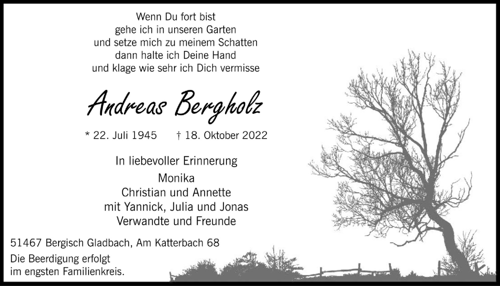  Traueranzeige für Andreas Bergholz vom 21.10.2022 aus  Bergisches Handelsblatt 