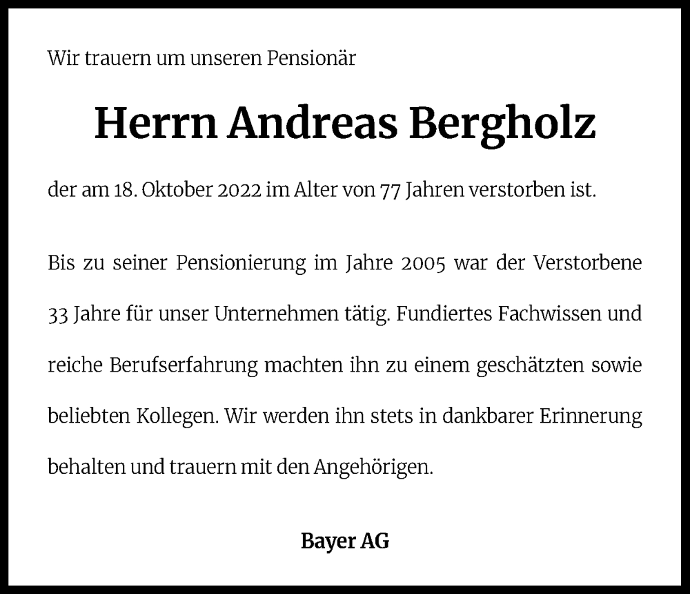  Traueranzeige für Andreas Bergholz vom 28.10.2022 aus Kölner Stadt-Anzeiger / Kölnische Rundschau / Express