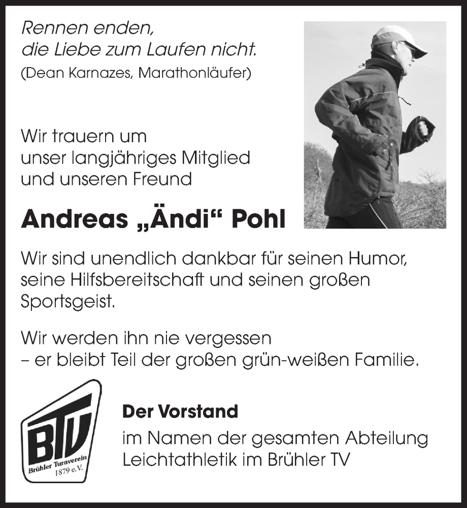  Traueranzeige für Andreas Pohl vom 28.10.2022 aus  Schlossbote/Werbekurier 