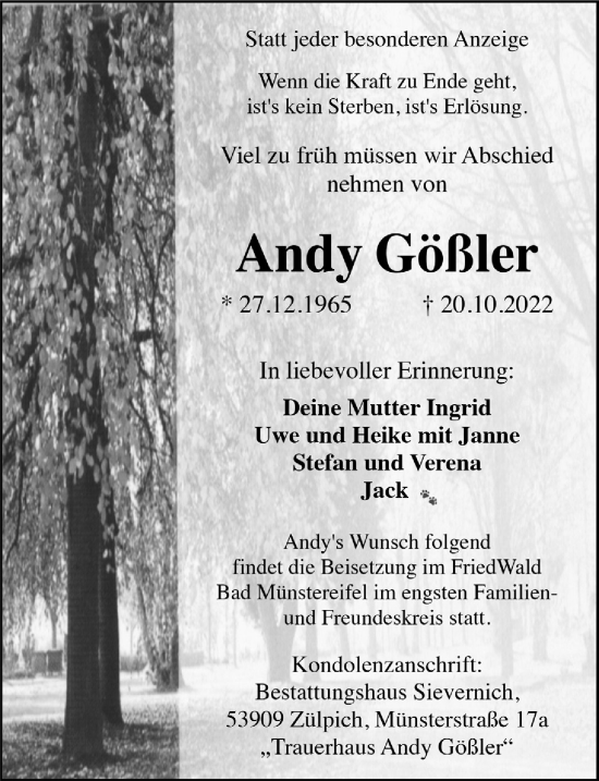 Anzeige von Andy Gößler von  Blickpunkt Euskirchen 