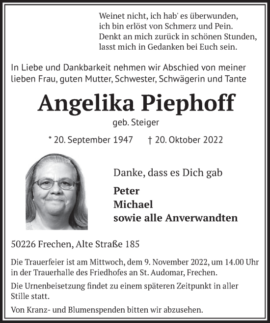 Anzeige von Angelika Piephoff von  Wochenende 