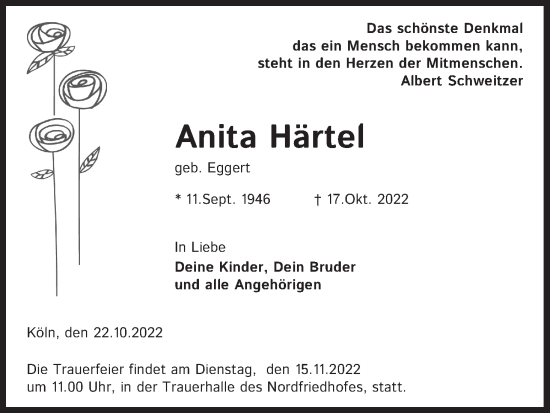 Anzeige von Anita Härtel von Kölner Stadt-Anzeiger / Kölnische Rundschau / Express