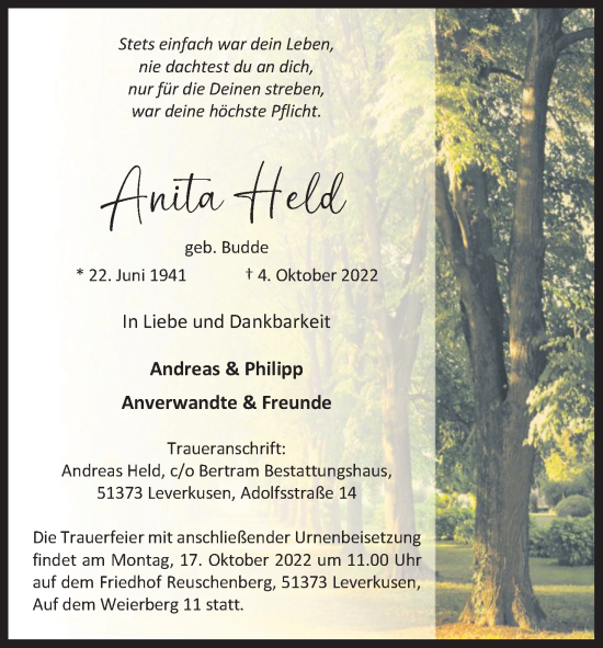 Anzeige von Anita Held von Kölner Stadt-Anzeiger / Kölnische Rundschau / Express