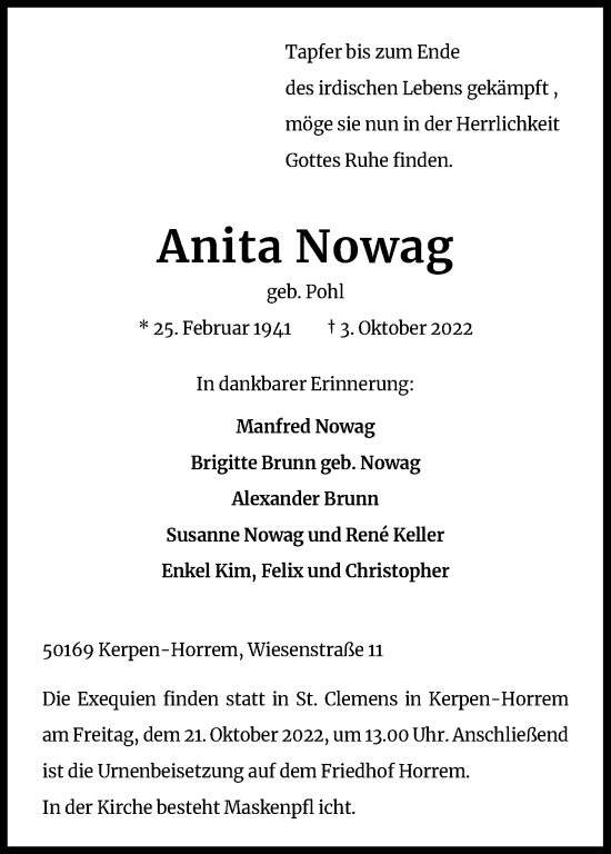 Anzeige von Anita Nowag von Kölner Stadt-Anzeiger / Kölnische Rundschau / Express