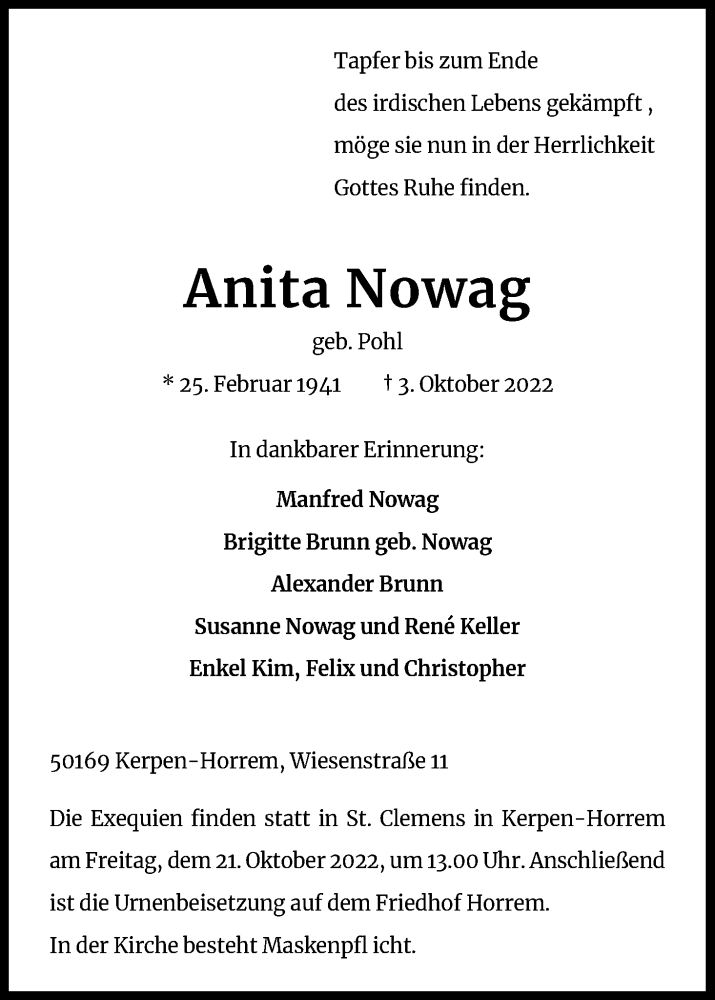  Traueranzeige für Anita Nowag vom 15.10.2022 aus Kölner Stadt-Anzeiger / Kölnische Rundschau / Express