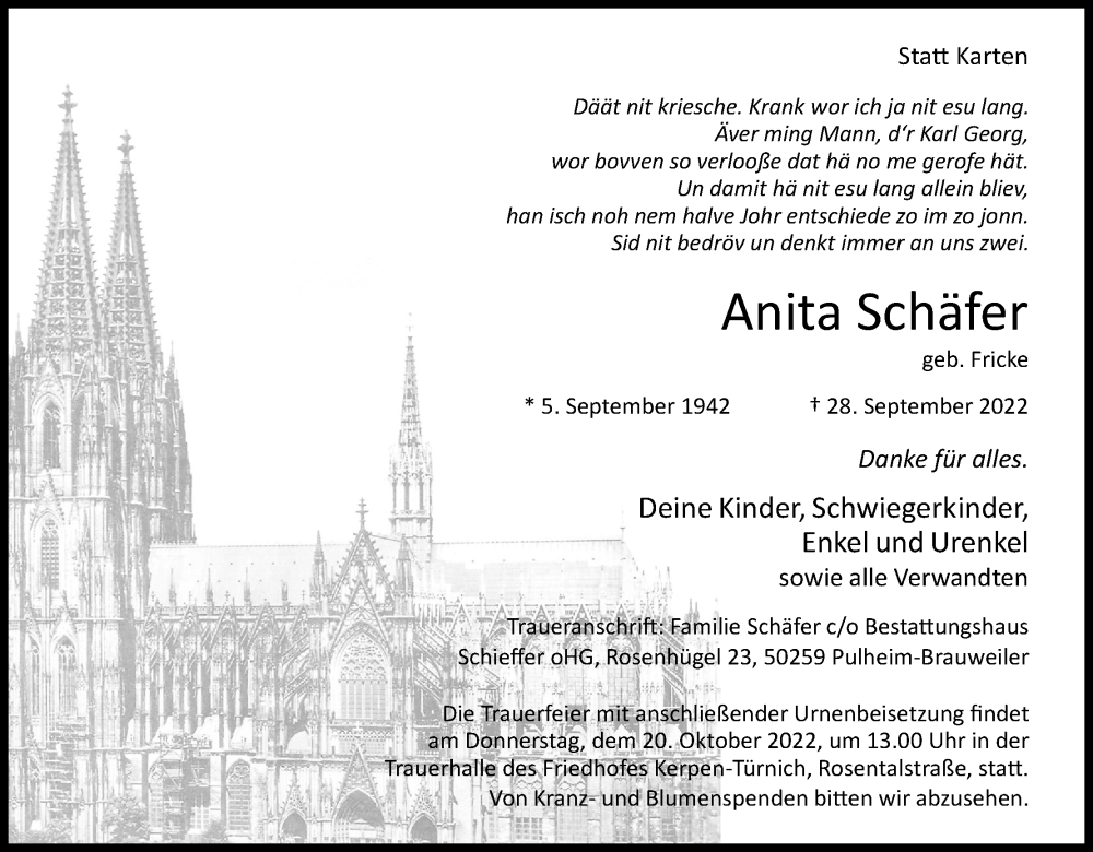  Traueranzeige für Anita Schäfer vom 08.10.2022 aus Kölner Stadt-Anzeiger / Kölnische Rundschau / Express