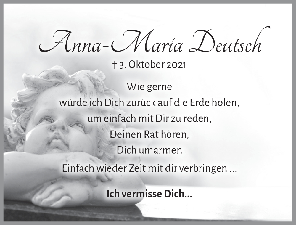  Traueranzeige für Anna-Maria Deutsch vom 07.10.2022 aus  Schlossbote/Werbekurier 