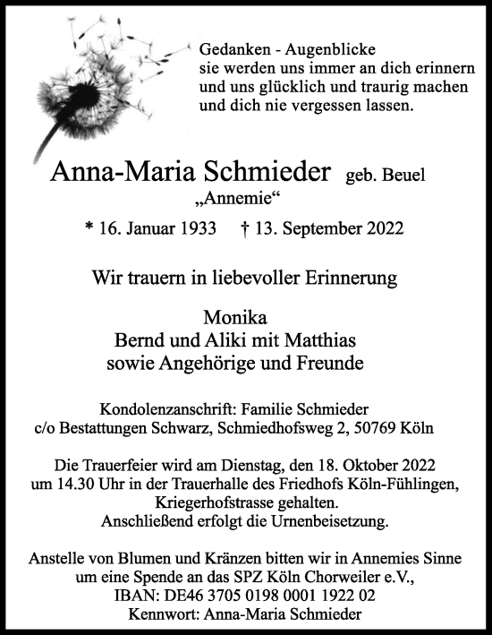 Anzeige von Anna-Maria Schmieder von Kölner Stadt-Anzeiger / Kölnische Rundschau / Express