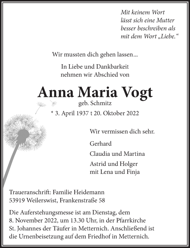  Traueranzeige für Anna Maria Vogt vom 29.10.2022 aus  Blickpunkt Euskirchen 