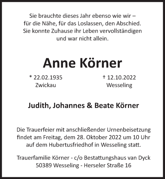 Anzeige von Anne Körner von  Schlossbote/Werbekurier 