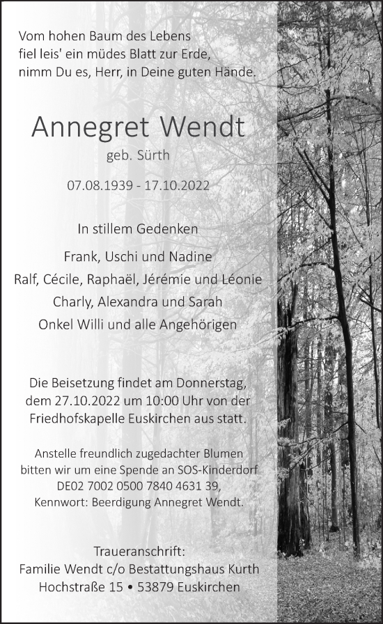 Anzeige von Annegret Wendt von  Blickpunkt Euskirchen 